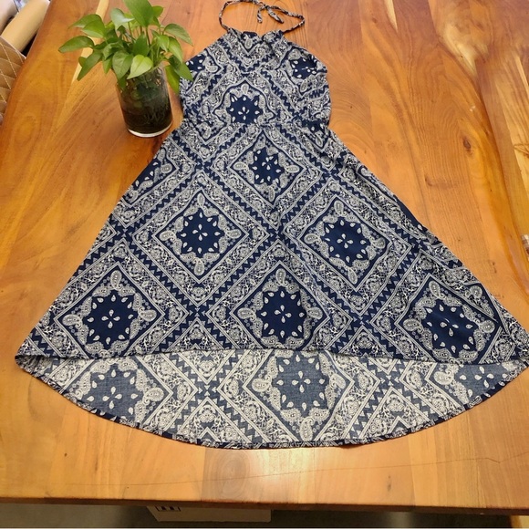 Vintage Halter Sexy Blue Floral Pattern Artsy High Low Mini Dress. Small-Medium - Picture 5 of 11